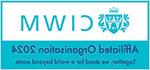 CIWM(特许废物管理协会)标志-在左边有一个蓝绿色的徽章, “CIWM”字母也是青色的. Underneath 'Affiliated Organisation 2024; Together, we stand for a world beyond waste'